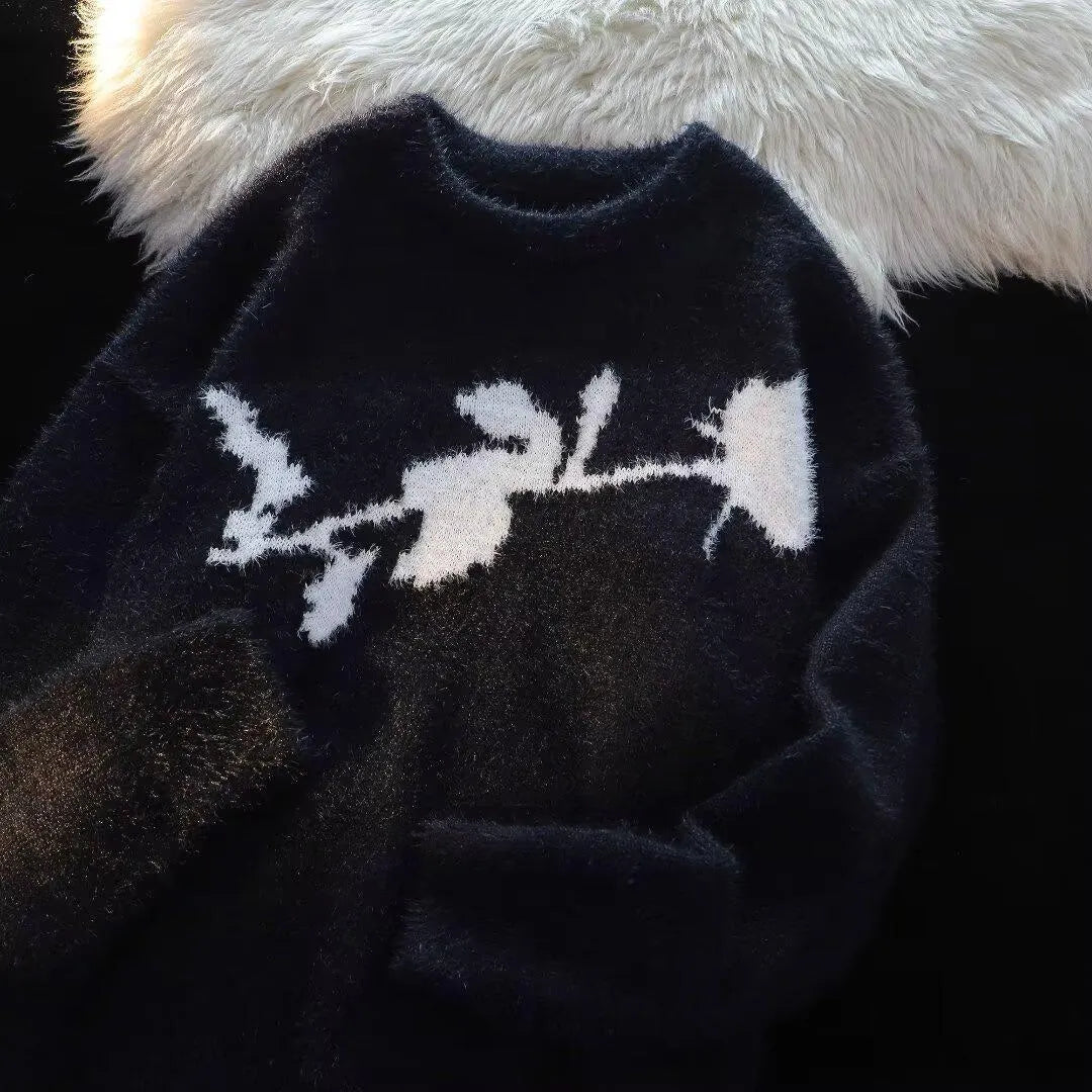 Men's black pullover sweater with a detailed flocking horse graphic in an American dark rose design.