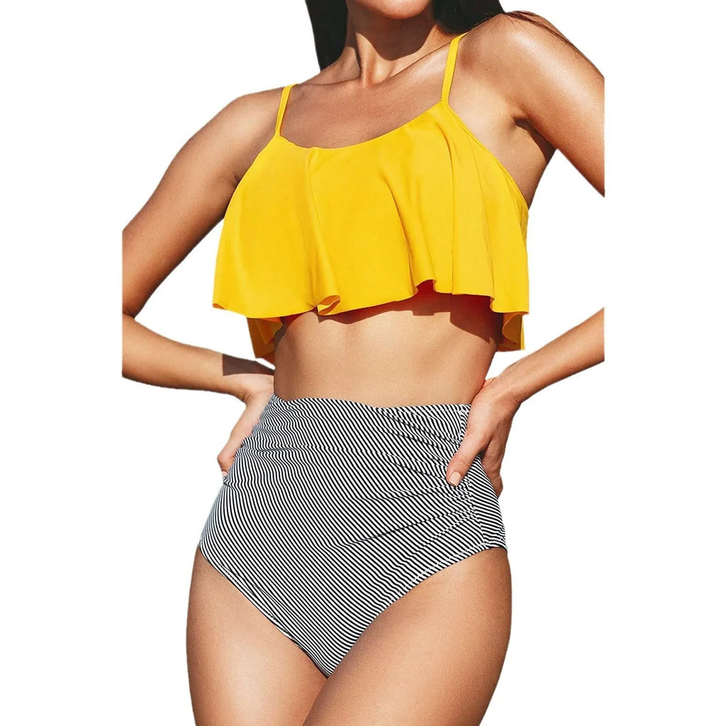 Striped solid colour women's bikini with split hip design and ruffle detailing in polyester fabric