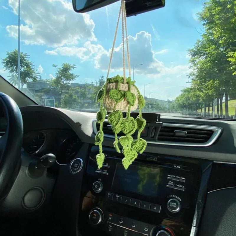 Green and white knitted wool car plant decoration with 8cm base and 25cm hanging rope