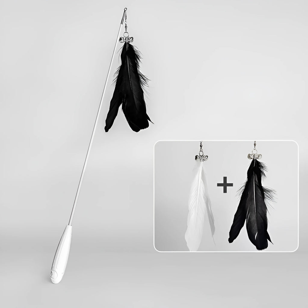 White telescopic cat fishing rod extended with goose feather lure and removable pen attachment