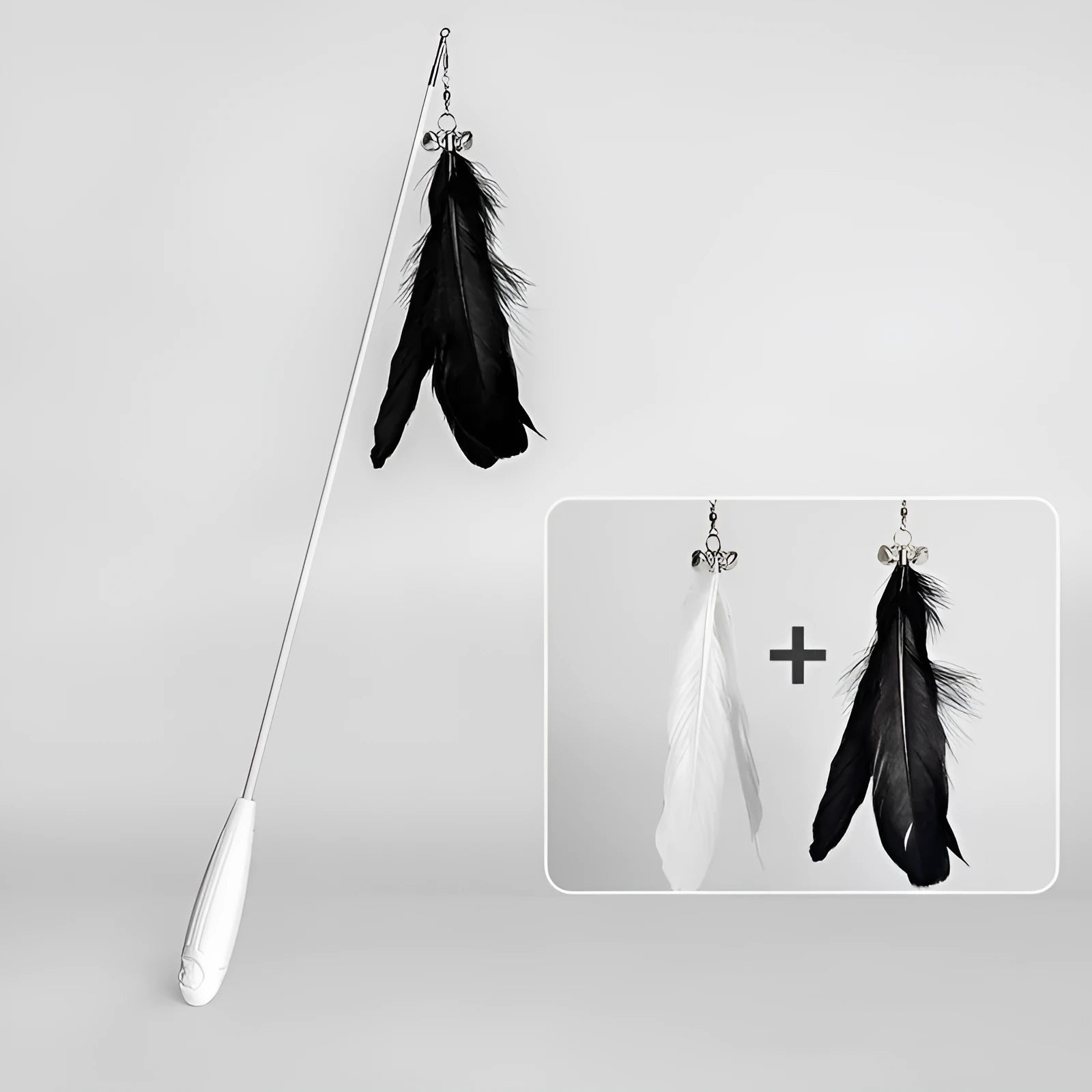 White telescopic cat fishing rod extended with goose feather lure and removable pen attachment
