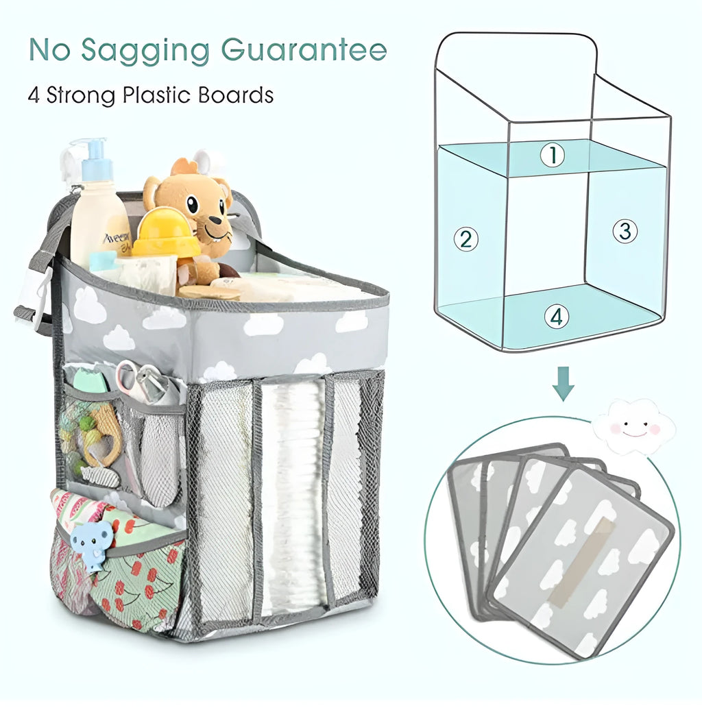 Grey portable baby crib organizer hanging bag with two hooks and compartments