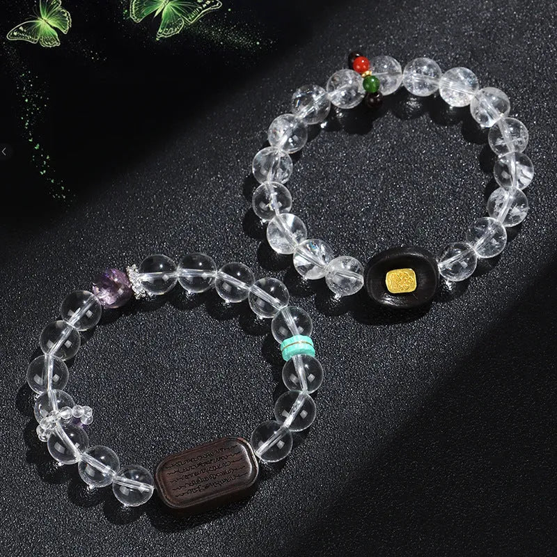 Handmade natural white crystal ebony bracelet with five warp ethnic design