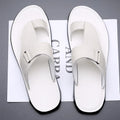 Men's casual beach slippers with cowhide upper and rubber sole in light brown colour
