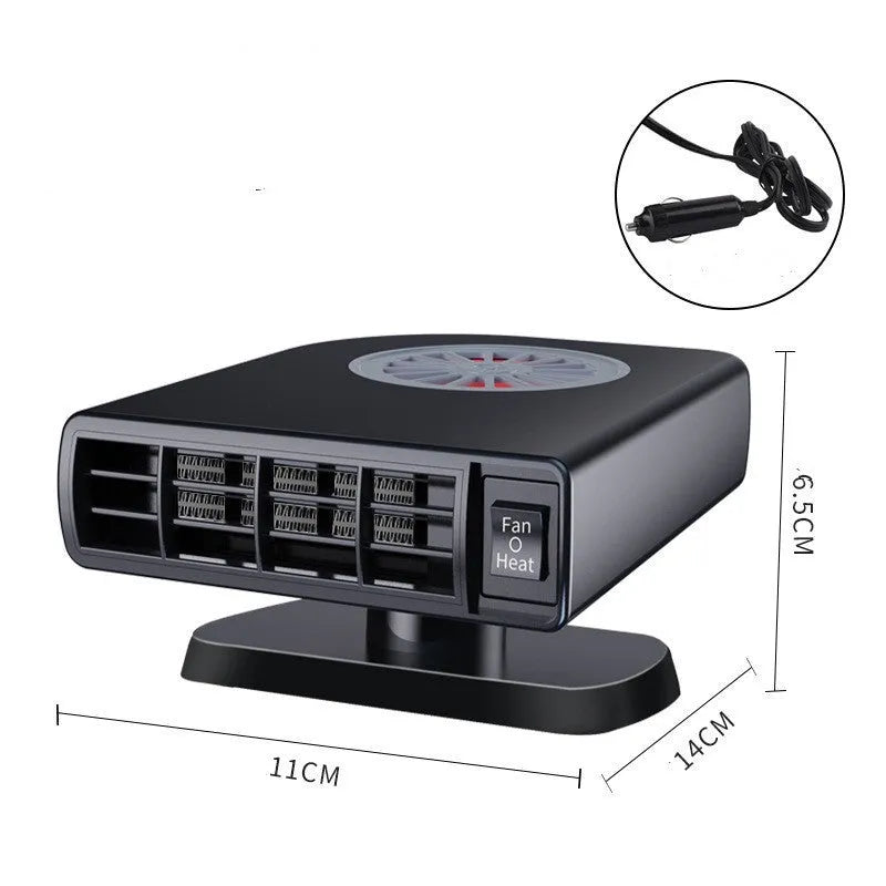 Black compact vehicle-mounted heater for car defrosting and defogging with adjustable nozzle.