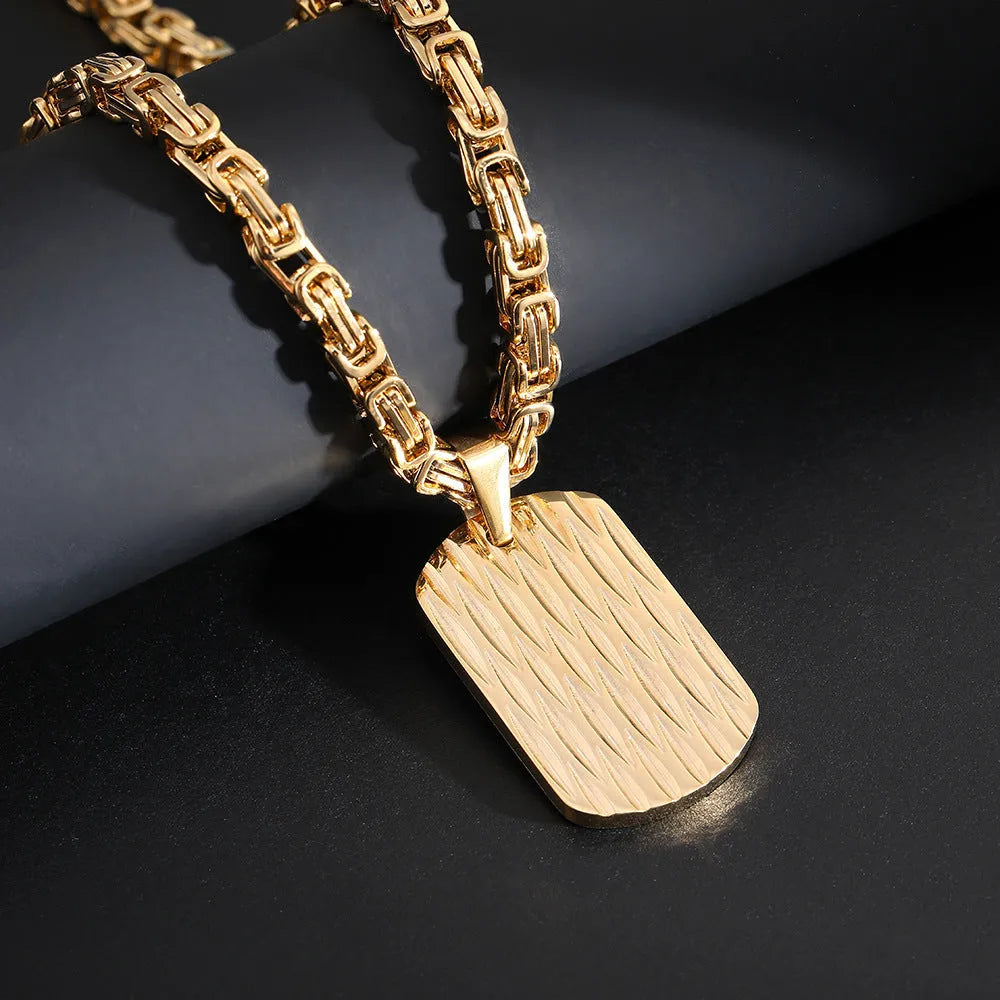 Men's titanium steel necklace with geometric water ripple pendant on Emperor Chain in gold finish