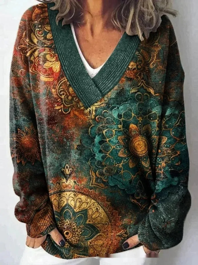 Women's long sleeve V-neck sweatshirt with a detailed 3D floral print in an art retro style.