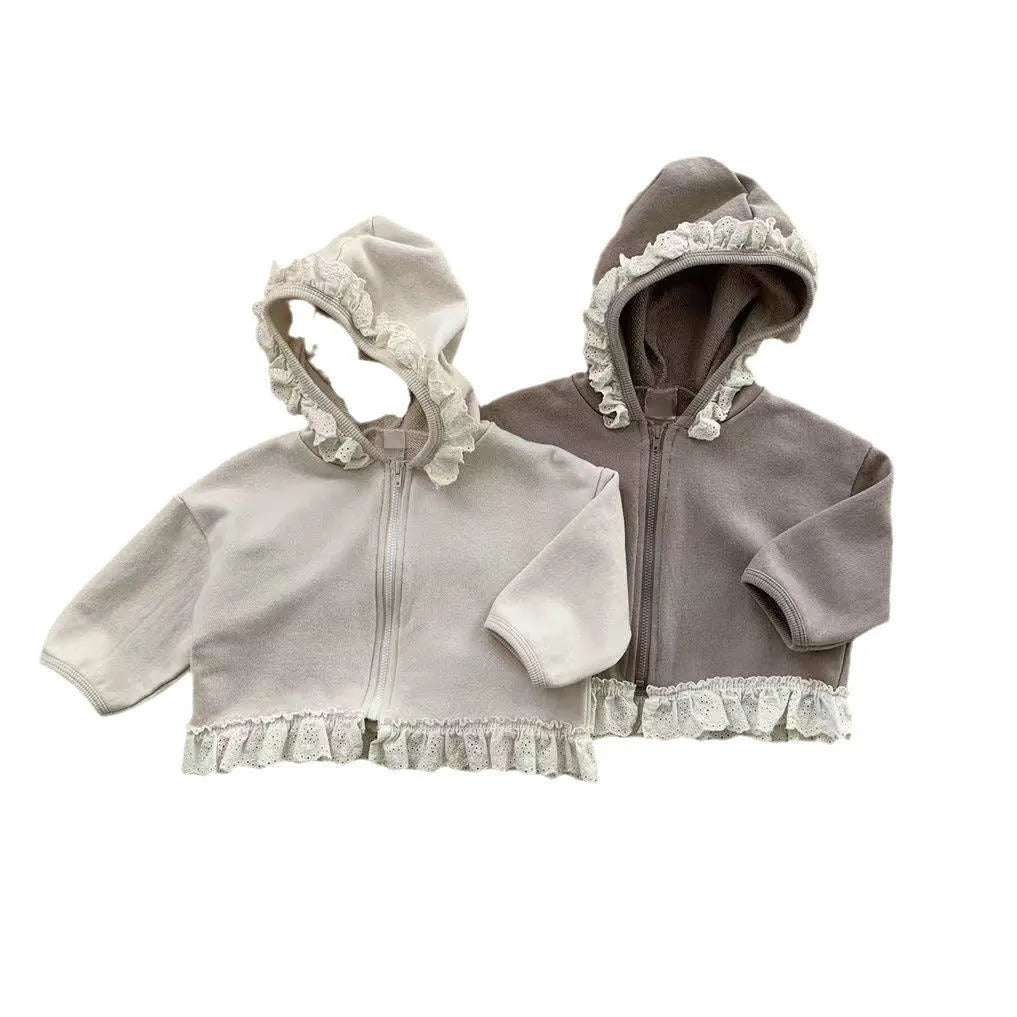 Child's lace-trim hooded zipper sweatshirt in solid cotton, brown colour, long sleeves