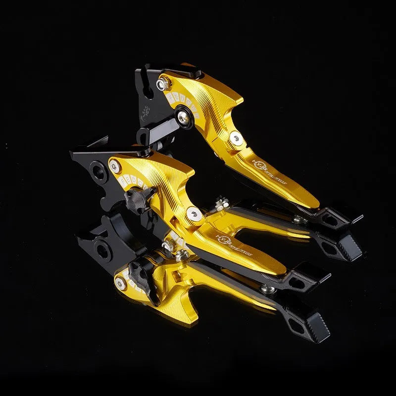 Pair of anodised aluminium motorcycle brake and clutch levers with six-speed adjustable length mechanism