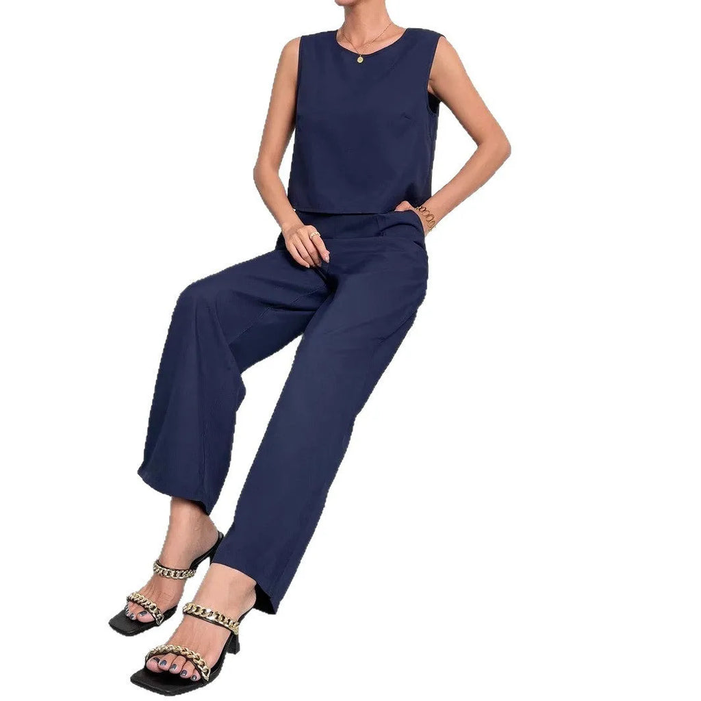 Women's red sleeveless top and wide-leg trousers co-ord set on hanger