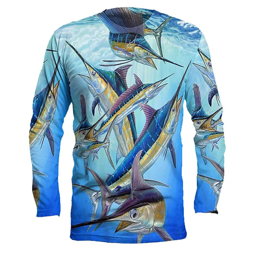 Men's grey long-sleeved pullover with a printed fish design on the front, showing round neck and casual fit.