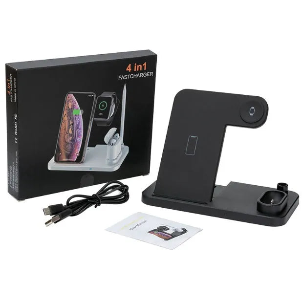 4-in-1 wireless charging station with phone, Apple Watch, and AirPods on adjustable magnetic stand