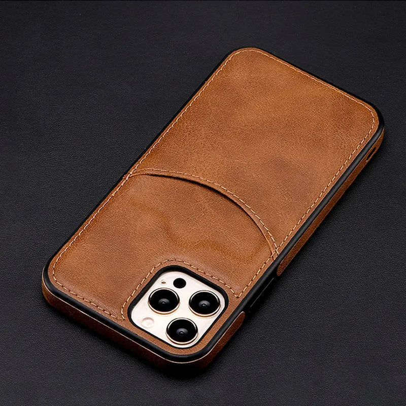 Dark blue PU leather protective case for iPhone models on a phone