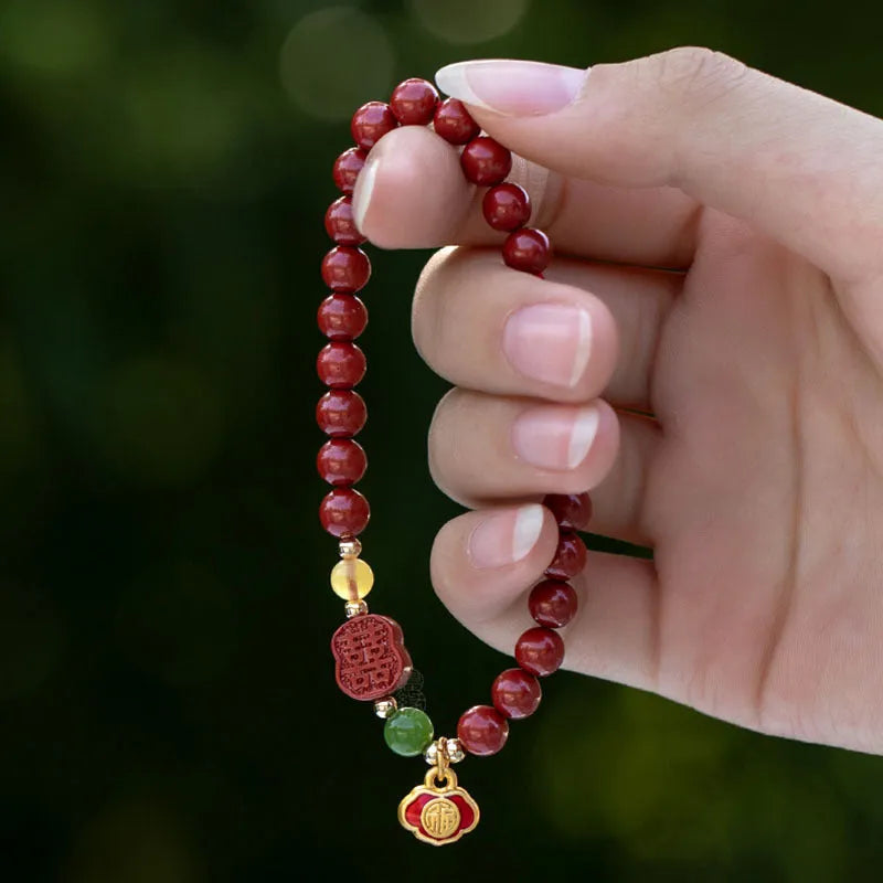 Raw ore Emperor Sandstone bracelet with a fu character charm in New Chinese style.