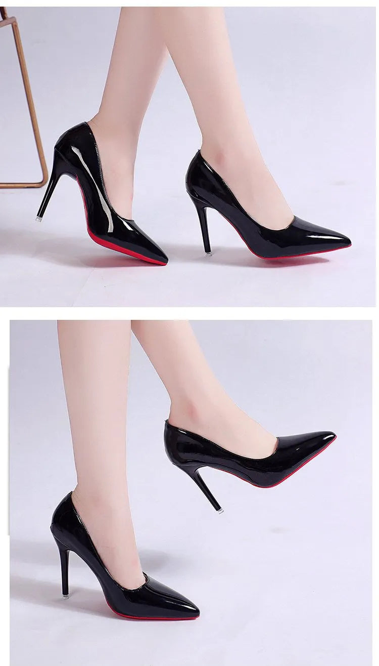 Solid colour women's stiletto pump with pointed toe and shallow mouth design on a rubber sole.