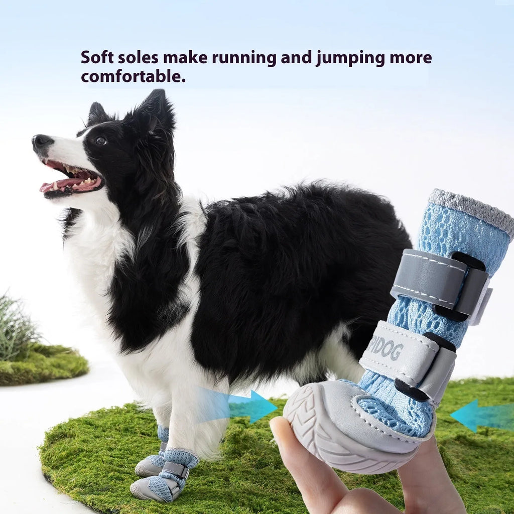 Pair of blue breathable dog shoes with anti-scald soles for summer paw protection