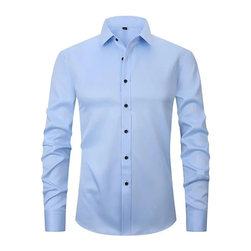 Man wearing a grey stretch long sleeve polyester work shirt, showing fit and collar detail.