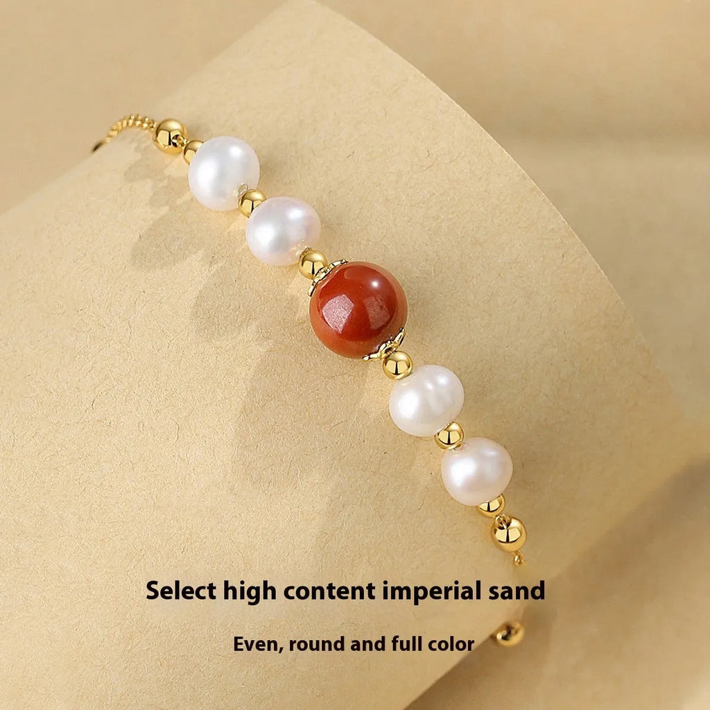 Yellow retro bracelet with red bean pearls and cinnabar on 925 silver for women