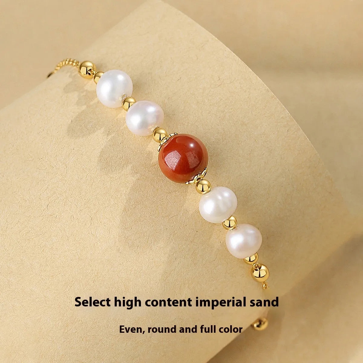 Yellow retro bracelet with red bean pearls and cinnabar on 925 silver for women