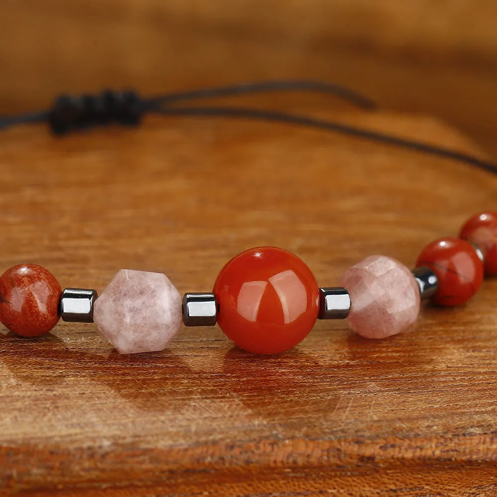 Red geometric bead crystal bracelet with sunstone, redstone and copper elements
