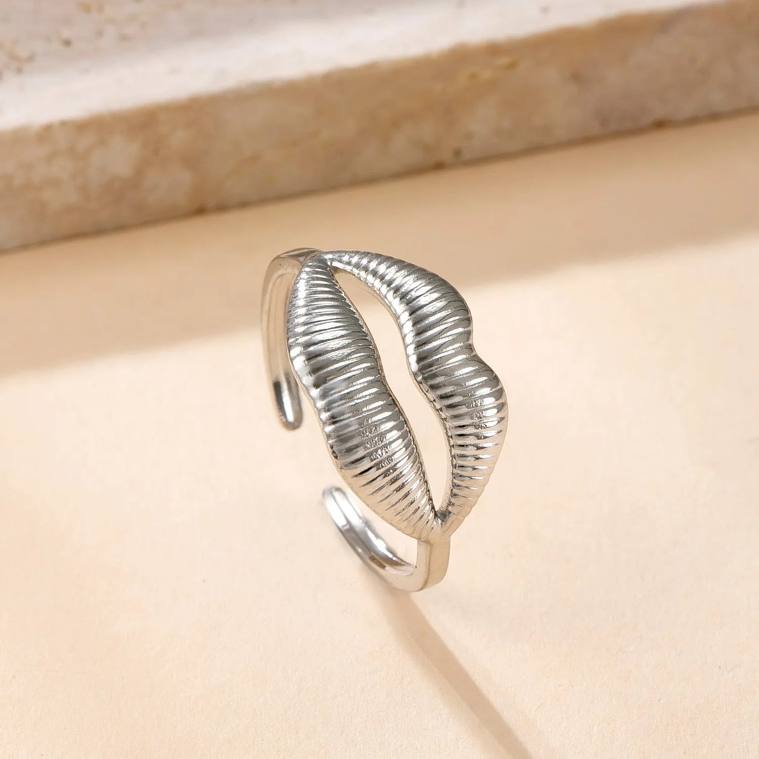 Stainless steel open ring with hollow star and moon design, electroplating finish, unisex average size.