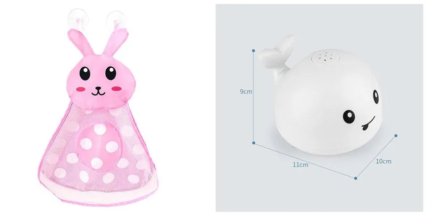 White and blue electric whale bath toy spraying water with flashing lights on a bathroom surface.