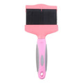 Blue and pink double-sided pet brush with stainless steel pins and ergonomic handle.