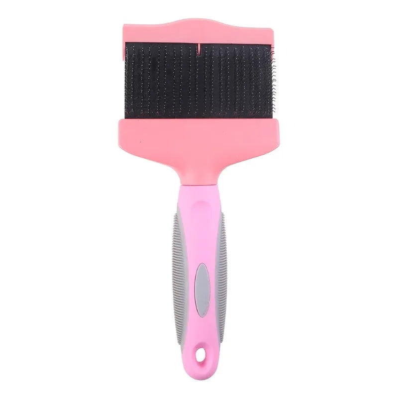 Blue and pink double-sided pet brush with stainless steel pins and ergonomic handle.
