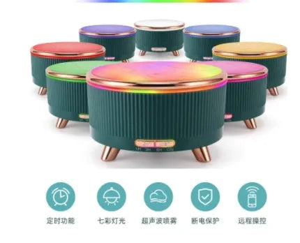 Ultrasonic aroma diffuser with 500ml tank, wood-grain finish, round shape, in green colour