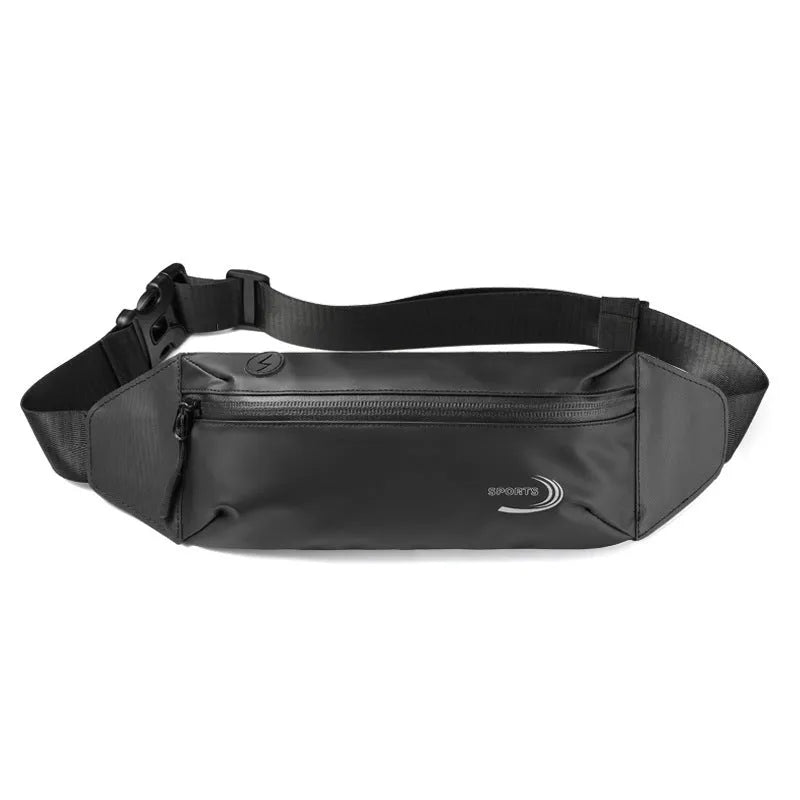 Men's blue waterproof Derm Oxford polyester waist bag for sports, showing its slim 45cm profile.