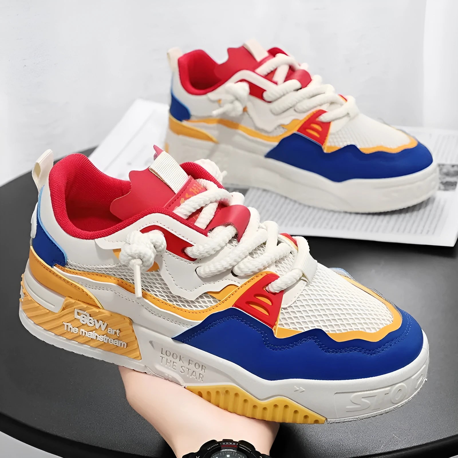 Men's low-top white and beige board shoes with a soft rubber sole and mesh lining.