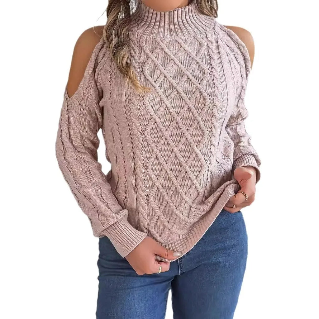 Women's strapless twist pattern sweater with half-high collar and lantern sleeves