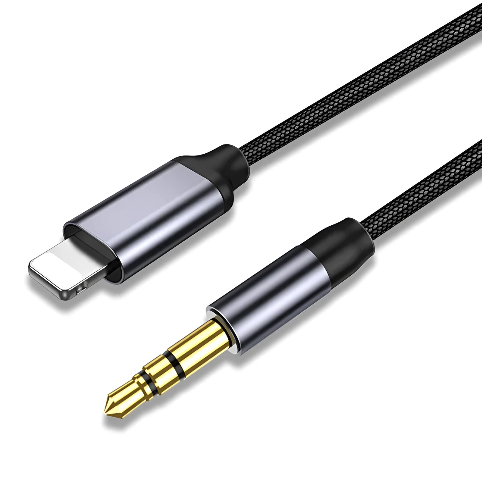 Nylon audio headphone cable with car adapter in black or silver colour, available in 0.5m, 1m, or 1.5m lengths
