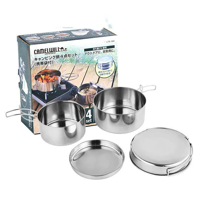 Silver stainless steel round camping cookware set with four pieces for outdoor use