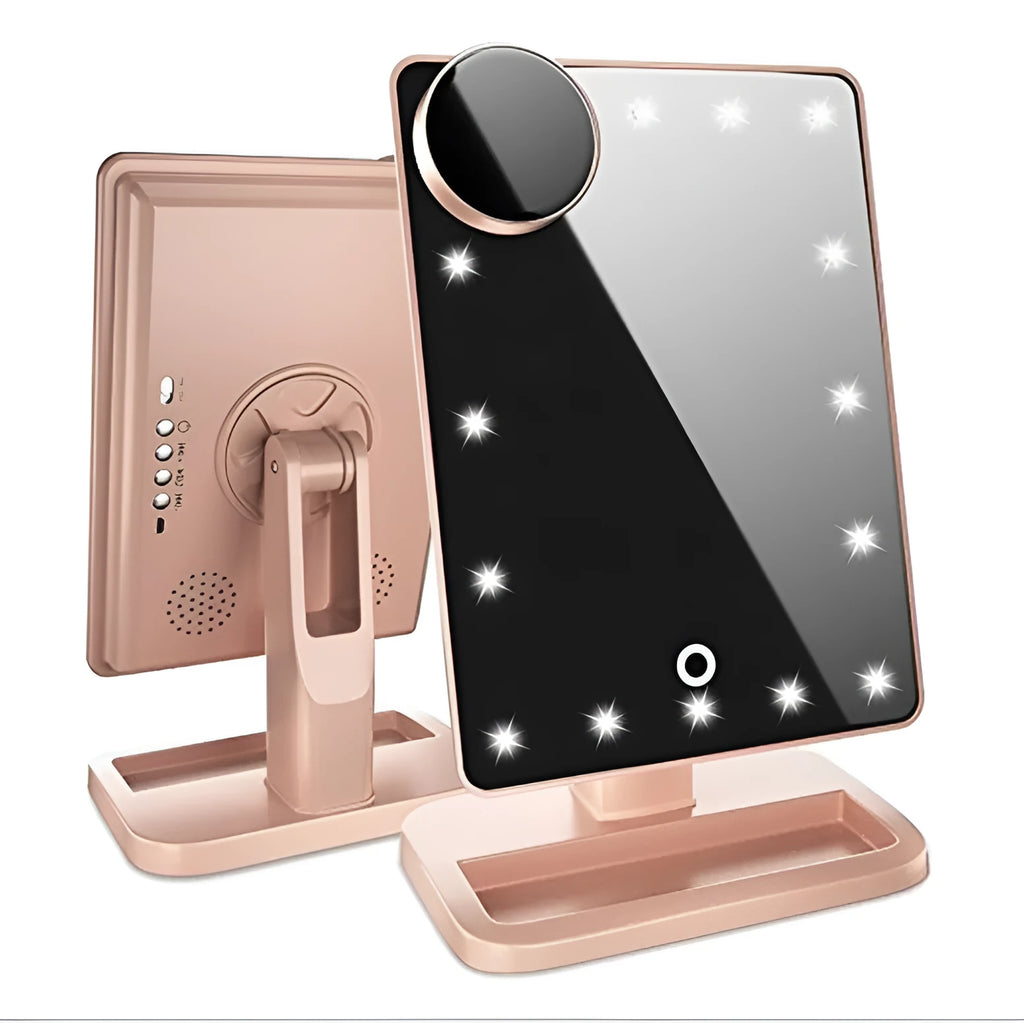 Pink touch screen makeup mirror with ring of 20 LED lights and Bluetooth speaker.