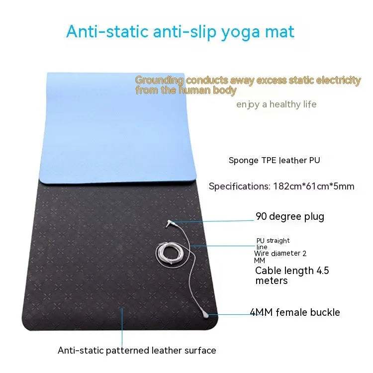 Blue conductive grounding yoga mat with plants pattern showing integrated wire and 182x61cm dimensions