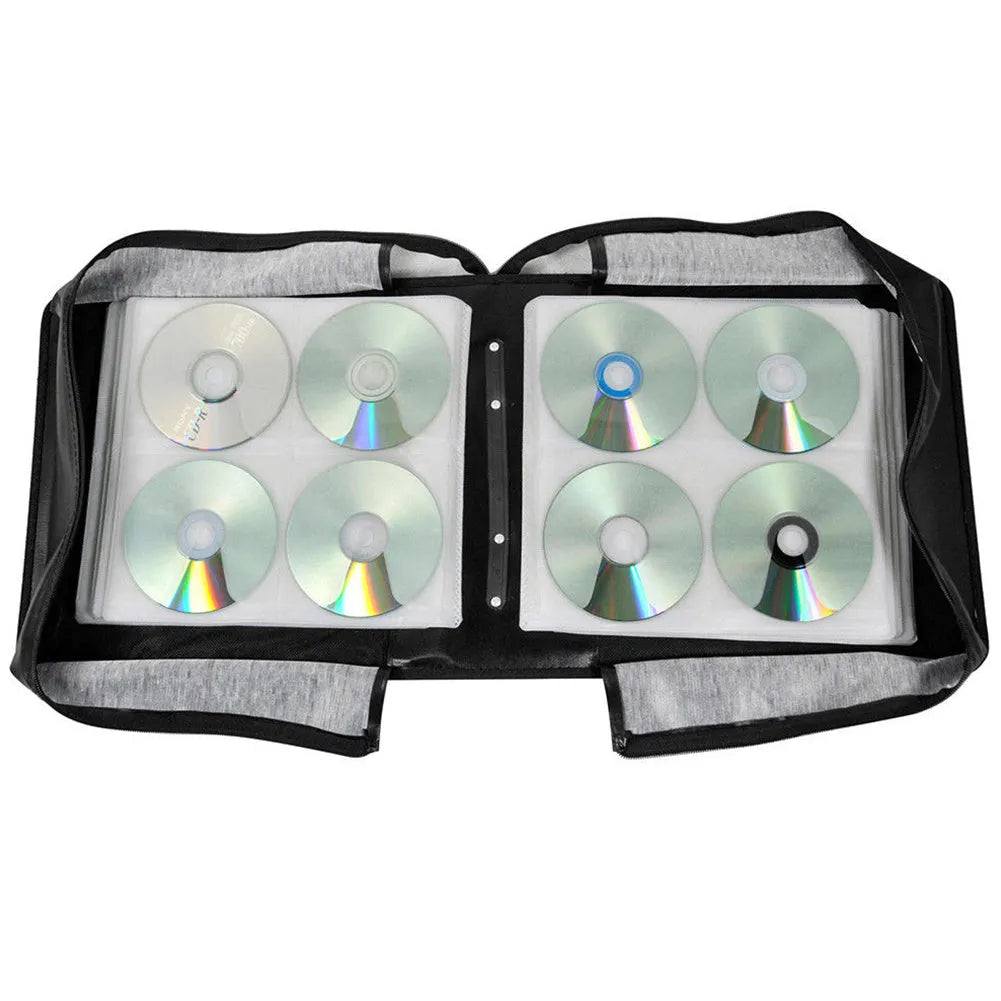 Black Oxford cloth CD DVD storage binder with zipper closure and top carrying strap