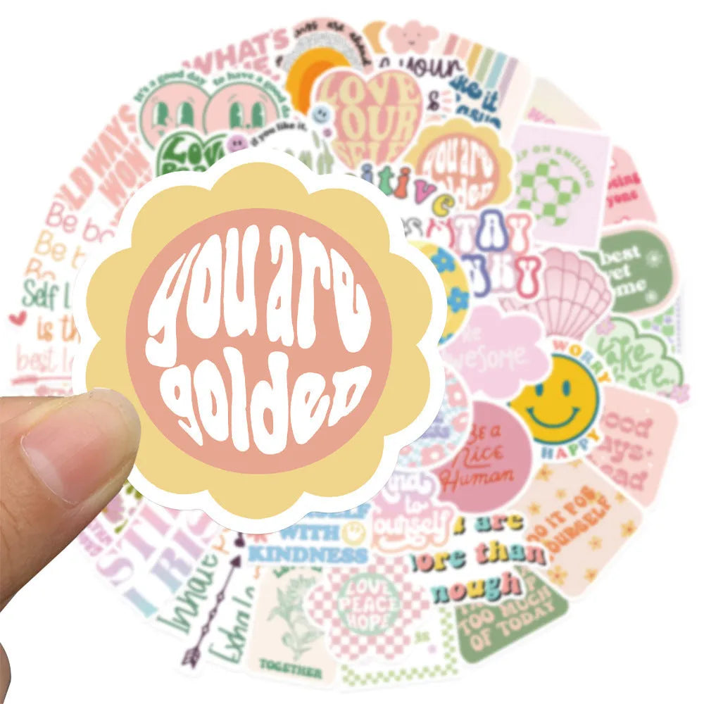 Pack of 50 Danish pink motivational stickers with cartoon graffiti patterns, each 4-6cm.