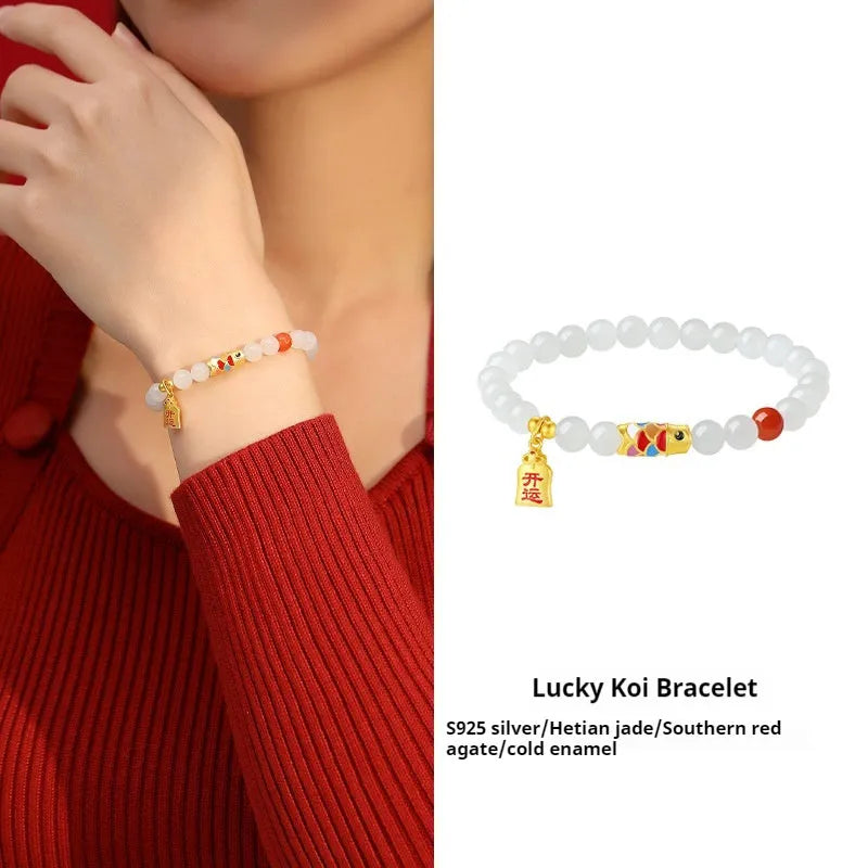 S925 sterling silver bracelet with cold enamel detailing and 6mm natural Hetian jade koi fish charm