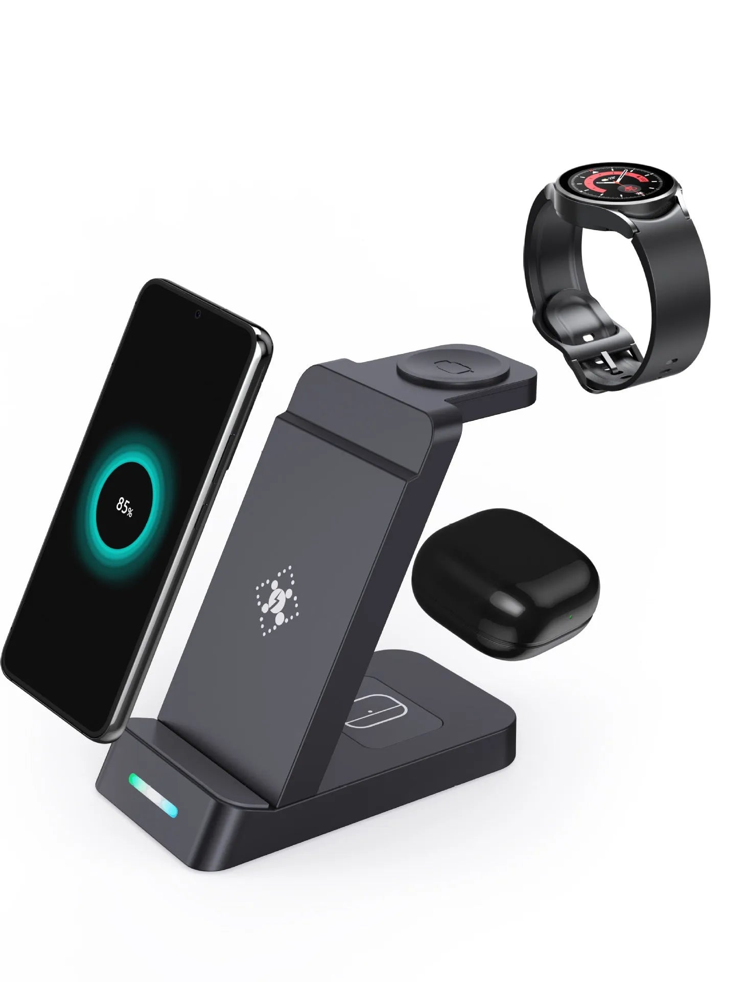 Black and white 65W fast wireless 3-in-1 charging stand for phone, watch, and AirPods on a desk.