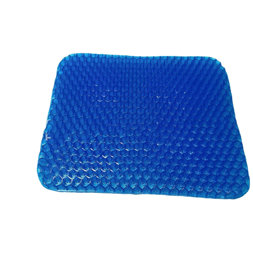 A solid-colour gel seat cushion with a honeycomb pattern, shown on a chair.