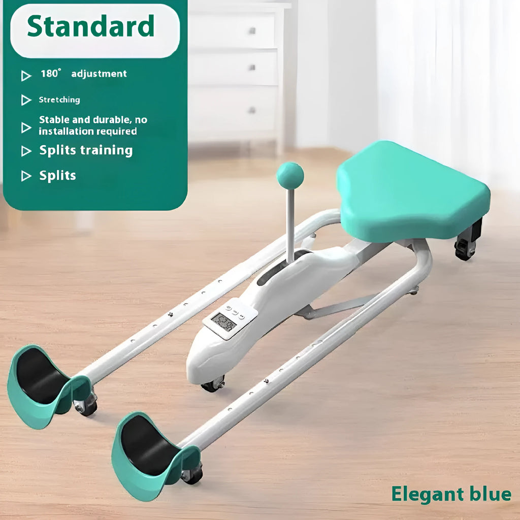 Pink and blue adjustable leg stretching trainer with steel frame and foam padding on a studio floor.
