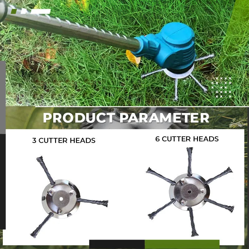 Stainless steel wire mower accessory for grassland weeding, showing 150mm diameter and knife options.