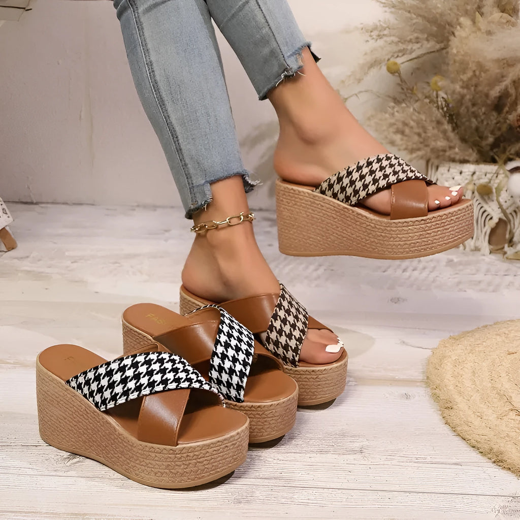 Cross leopard plaid pattern wedge sandals with rubber sole in casual slip-on style