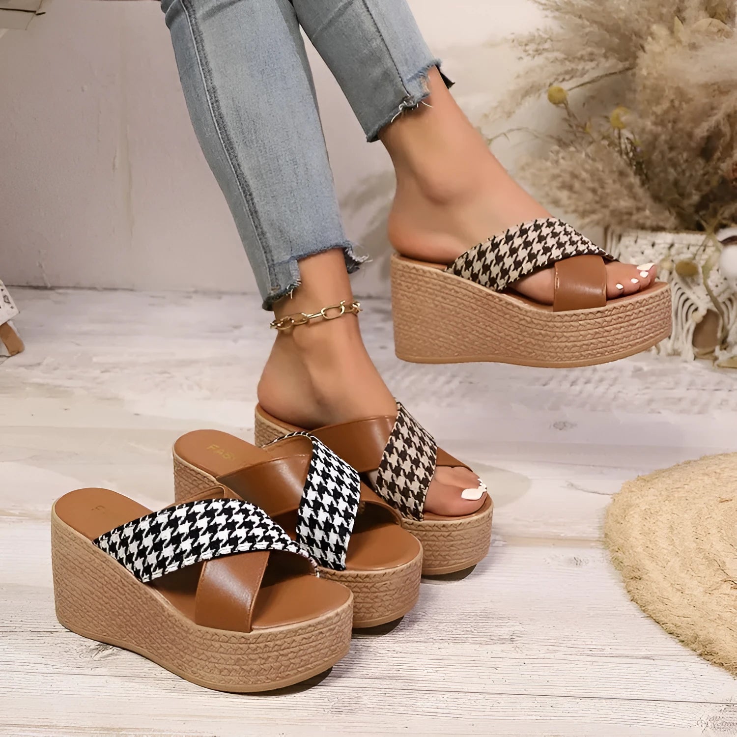 Cross leopard plaid pattern wedge sandals with rubber sole in casual slip-on style