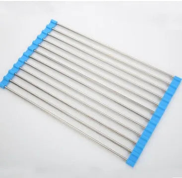 Foldable stainless steel kitchen drain rack with coloured plastic tubes for drying utensils