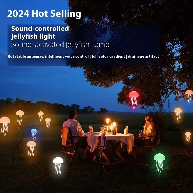 Jellyfish mood lamp with glowing adjustable tentacles and RGB colour-changing effects on a desk