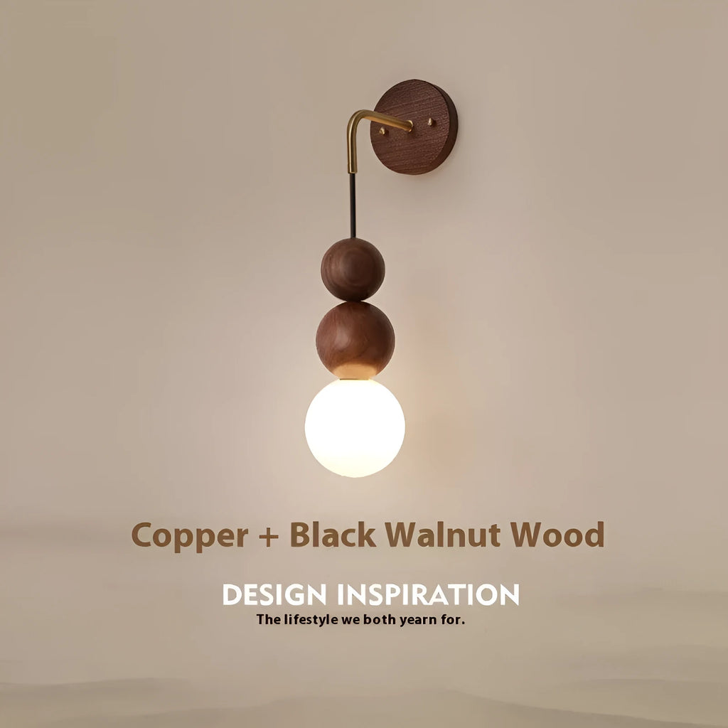 Wood and copper wall lamp with suspension wire and dimmable tricolour light