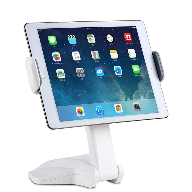 White aluminium tablet stand with adjustable clamp holding a tablet