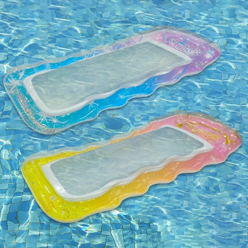 PVC thick sequins wave inflatable floating row pool lounge with canopy in gradient colours